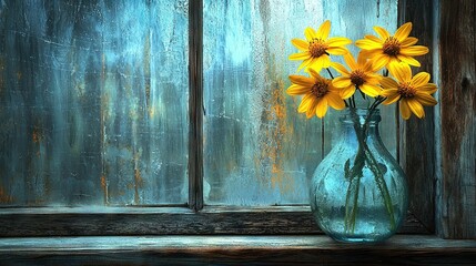 Poster -   A yellow-flowered vase sits atop a wooden window sill, perched on a window sill