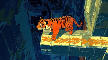 Poster -   A tiger standing on a ledge in an orange-leaf-covered room with blue walls