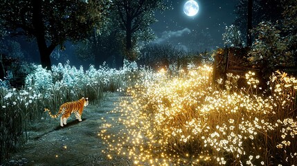 Sticker -   A majestic tiger strolls through a moonlit field of flowers