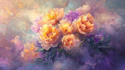 Poster -   A vibrant composition of yellow and purple flowers against a backdrop of blue and purple tones, featuring water droplets and a splash of paint