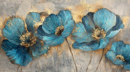 Wall Mural -   A painting of three blue flowers against a backdrop of gray and yellow, adorned with golden flecks on their petals