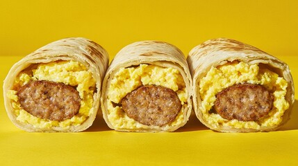 Wall Mural -   Three breakfast burritos with scrambled eggs and sausage on a yellow background with copy-space in the middle