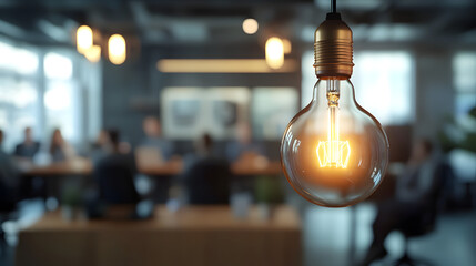 Canvas Print - Focused light bulb in a modern office with blurred team meeting in the background