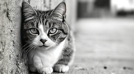 Wall Mural -  Cat gazes wistfully beyond stone wall