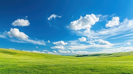 Wall Mural - Beautiful Green Field Under a Blue Sky with White Clouds on a Sunny Day