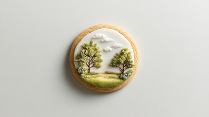 Wall Mural - Decorative cookie with landscape design featuring trees and clouds.