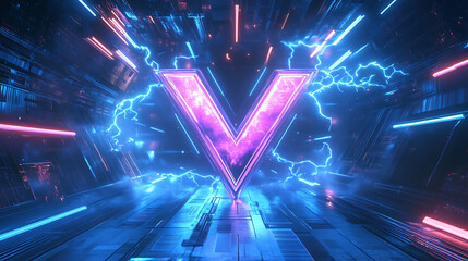 Wall Mural - A glowing pink letter V with blue lightning bolts in a futuristic tunnel with blue and pink lights.