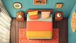 © HiSea - Nostalgic throwbacks bedroom flat design, top view, vintage 70s theme, water color, Triadic Color Scheme