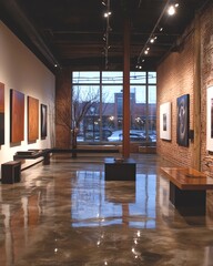 Poster - Modern gallery with glossy floor and art on the walls.