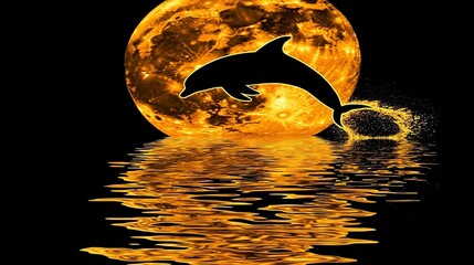 Sticker -   A dolphin jumps out of water, bathed by the moon's glow and reflected in the rippling waves below