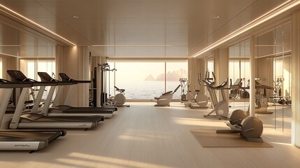 Poster - Modern gym interior with treadmills, exercise bikes, and a view of the ocean.
