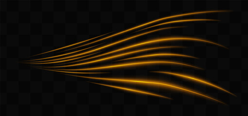 Curved golden neon light effect isolated on dark background. Flowing, wavy glowing lines with abstract design. Graphical patch of reflected light. Lens flare. Vector illustration.