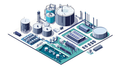 Isometric 3D illustration of a modern industrial plant with large storage tanks, processing equipment, and pipes.