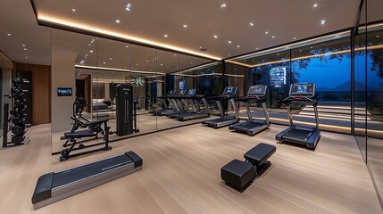Poster - Modern home gym with treadmills and a view of the mountains at sunset.
