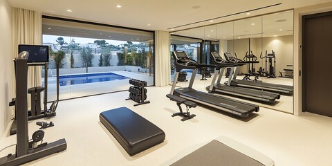 Poster - Modern home gym with two treadmills, a weight rack, a bench and large windows overlooking a pool.