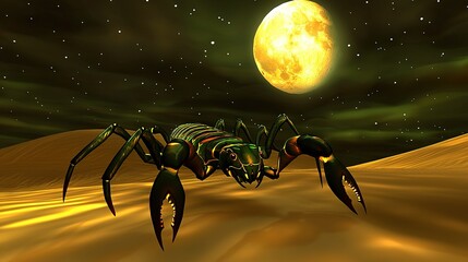   a spider in the desert under a full moon with starry skies as the background