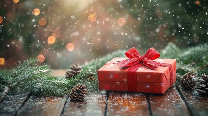 Festive gift box tied with red bow, set on wooden table with pine leaves, bokeh lights, and soft snow