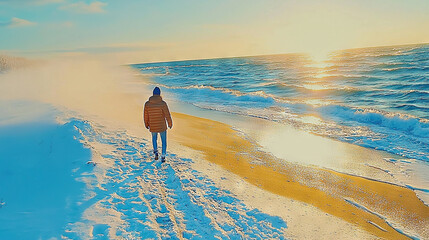 Sticker -   A man on a snowy beach with water beneath him during sunset