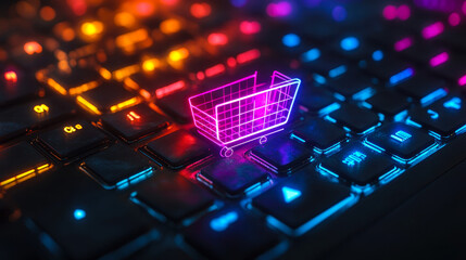 Poster - Glowing Shopping Cart Icon on RGB Keyboard: Digital Marketing and Online Shopping Concept