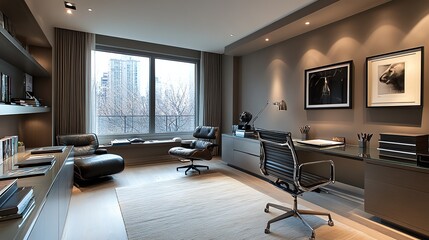 Aufkleber - Modern home office with a large window, a desk, an armchair, and artwork.