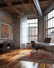 Aufkleber - Modern home office with a large window, exposed brick wall, wood beams, and a computer desk.