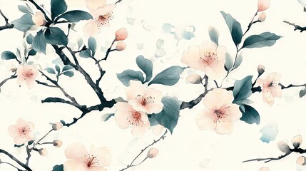 Wall Mural -   A watercolor depiction of a branch adorned with pink blossoms and lush greenery against a pristine white backdrop