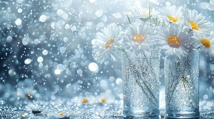 Poster -   Three glass vases with daisies, water droplets on glass, blurry background