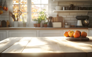 Wall Mural - Table in rustic autumn kitchen with sunlight and copy space