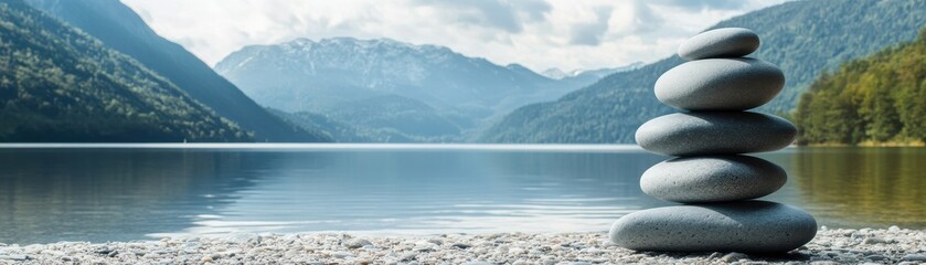 Wall Mural - Serene Lake with Stacked Stones and Mountain Background in a Tranquil Natural Setting