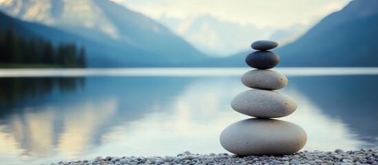 Wall Mural - Tranquil Lake with Stacked Stones and Mountain Reflections in Serene Natural Landscape