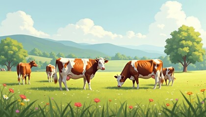 Wall Mural -  Peaceful pasture with grazing cows under a clear sky