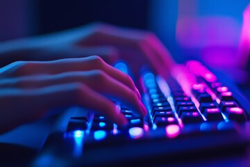 Poster - Close-Up of Hands Typing on a Backlit Keyboard