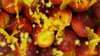 Aufkleber - Super Slow Motion Shot of Splashing Fresh Peaches . Filmed on High Speed Cinematic Camera at 1000fps .