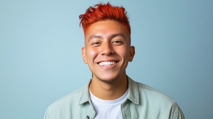 Canvas Print - Transgender Man with Bright Red Hair Smiling, Portrait Photography for Diverse Representation