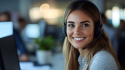 office employee working as a customer service agent, assisting clients through a phone call, wearing business casual attire, headset microphone positioned near her face