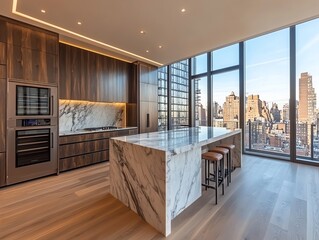 Aufkleber - Modern kitchen with marble island, wooden cabinets and stunning city views.