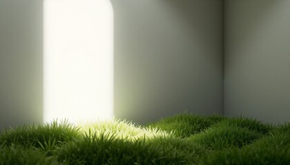 Green grass in a room lit by a bright window.