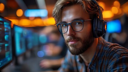 A young man with headphones and glasses looks intently at the camera while working on a computer.