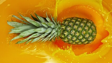 Fototapete - Super Slow Motion Shot of Splashing Fresh Pineapple . Filmed on High Speed Cinematic Camera at 1000fps .