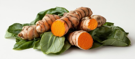 Fresh Turmeric Roots on Spinach Leaves Isolated on White Background - Vibrant and Healthy Ingredients for Cooking and Wellness