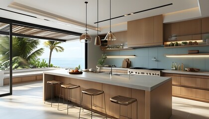 Wall Mural - Sleek coastal kitchen designs blending modern aesthetics with beach-inspired elements and innovative AI solutions