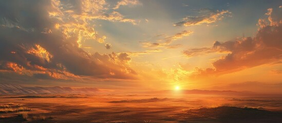 Wall Mural - Stunning Sunset Over Desert Landscape with Dramatic Clouds and Golden Light