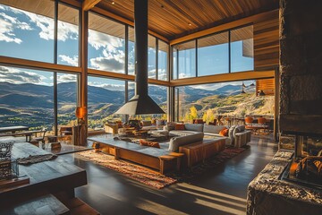 Poster - Modern living room with large windows and mountain views.