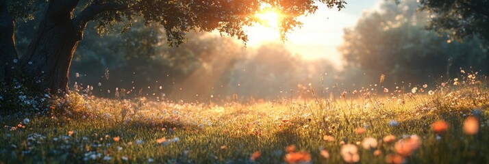 serene meadow at sunset, a tranquil landscape bathed in warm golden light, vibrant flora in detail, 