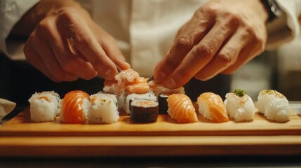 close-up of a chef's hands making sushi. Sushi is being made at a restaurant by a Japanese chef. Using a cutting board, a young chef prepares traditional Japanese sushi.