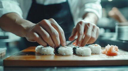 close-up of a chef's hands making sushi. Sushi is being made at a restaurant by a Japanese chef. Using a cutting board, a young chef prepares traditional Japanese sushi.