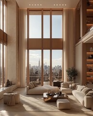 Poster - Modern living room with large windows showcasing a city skyline view.