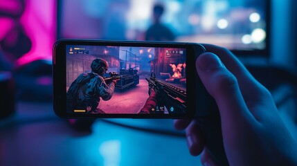 Mobile Phone with Neon Light on Dark Table Displays Intense Action-Packed Video Game Scene