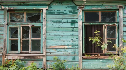 There are two broken plastic windows and two gone failing doors with green wooden frames