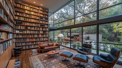 Poster - Modern living room with large windows, a leather sofa, and a floor-to-ceiling bookcase filled with books.